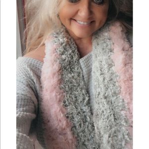 Pink gray faux fur infinity scarf
